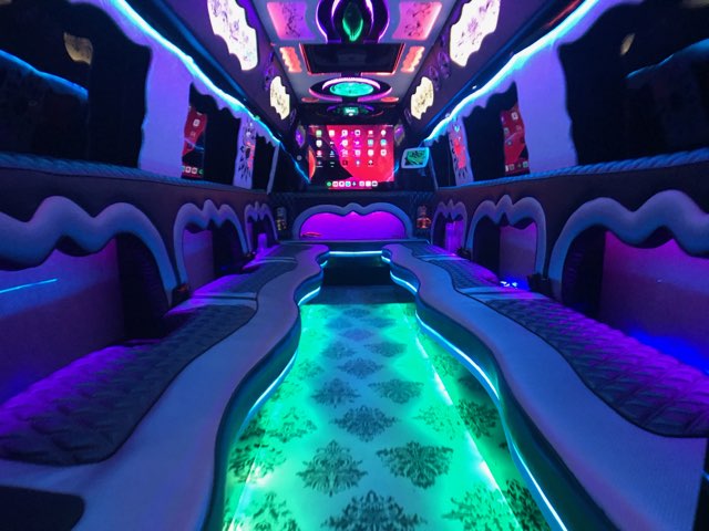 Party bus interior with custom seats